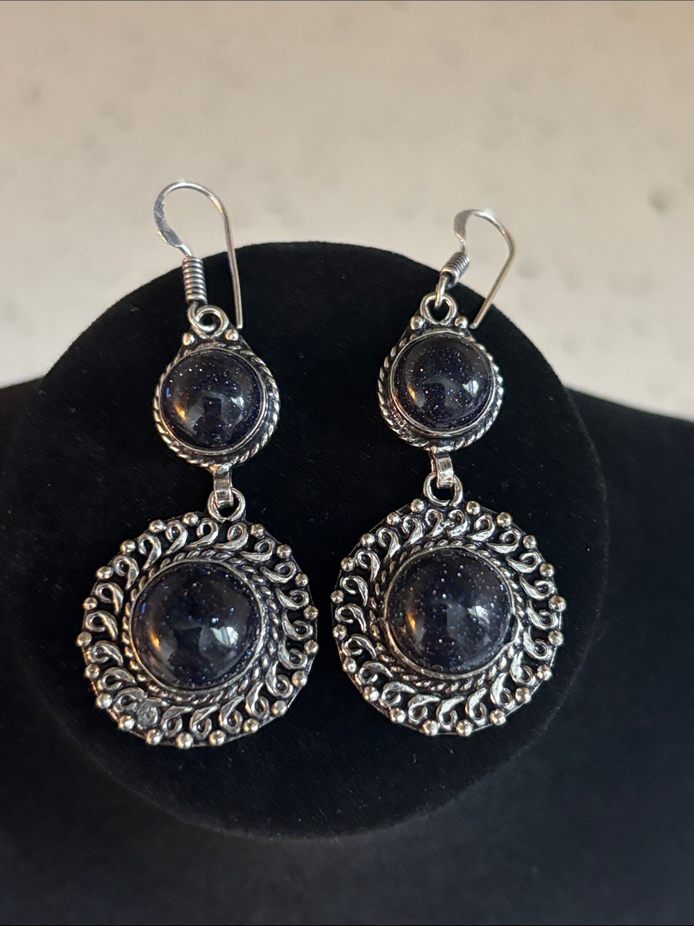 Sterling Silver Blue Sunstone Gemstone Drop Dangle Earrings